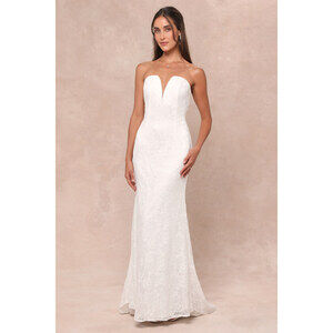 Lulus Gorgeous Love White Lace Strapless Mermaid Maxi Dress - Size L